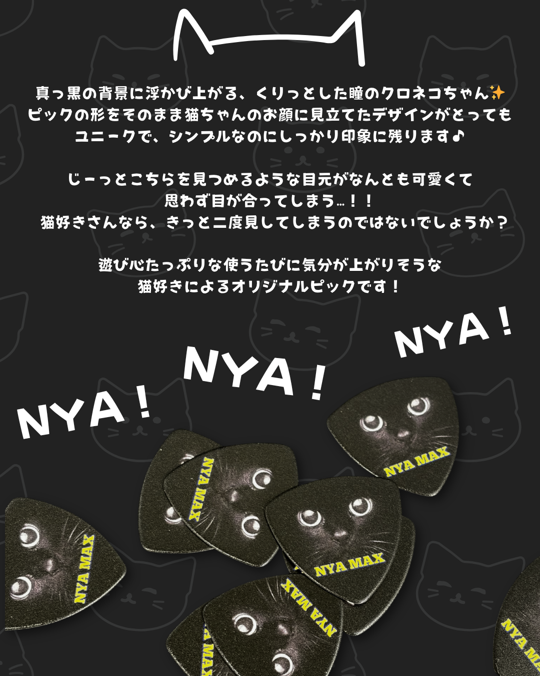 NYA MAXロゴ入り黒猫デザインのオリジナルギターピック フルカラー印刷10枚