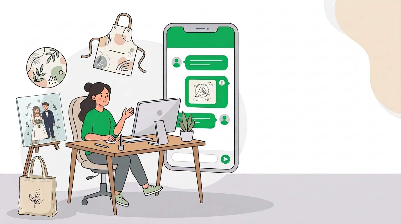 デザイナーがLINEで届いたラフ画像を確認しているイラスト